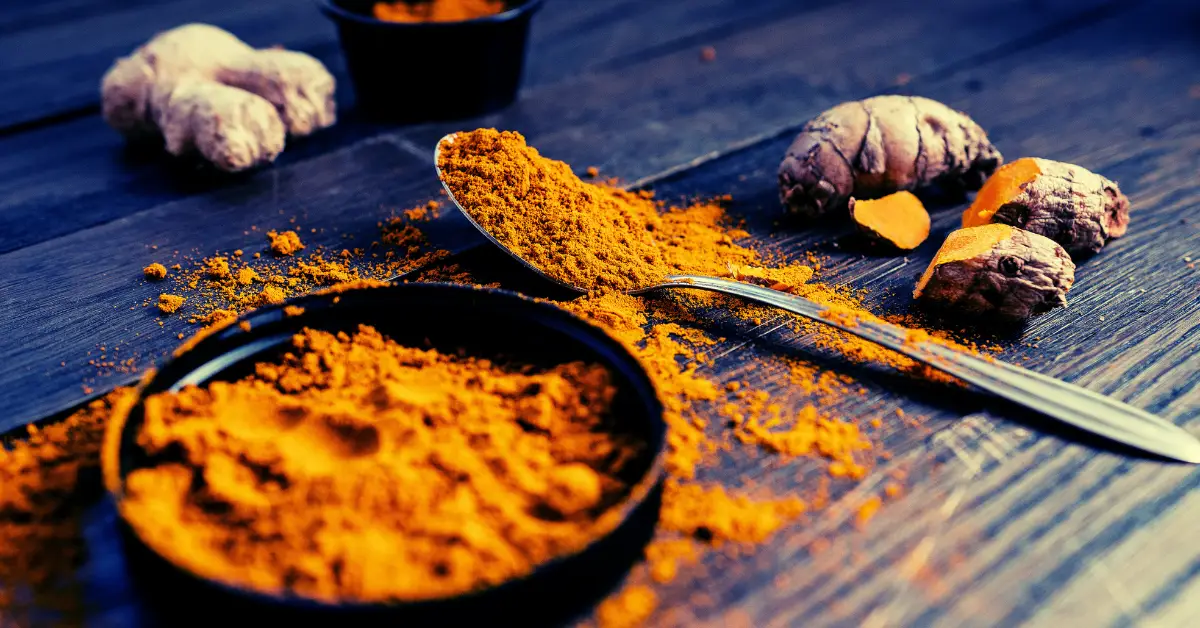 picture showing powdered turmeric in bowl with turmeric root next to the bowl