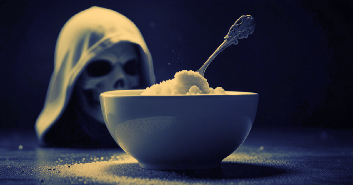 How sugar destroys your health. A hooded skeleton looking at bowl full of white sugar
