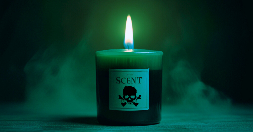 The Dangers of Scented Indoor Candles - candle burning with a print of skull and crossbones on the label emitting a toxic smokey cloud