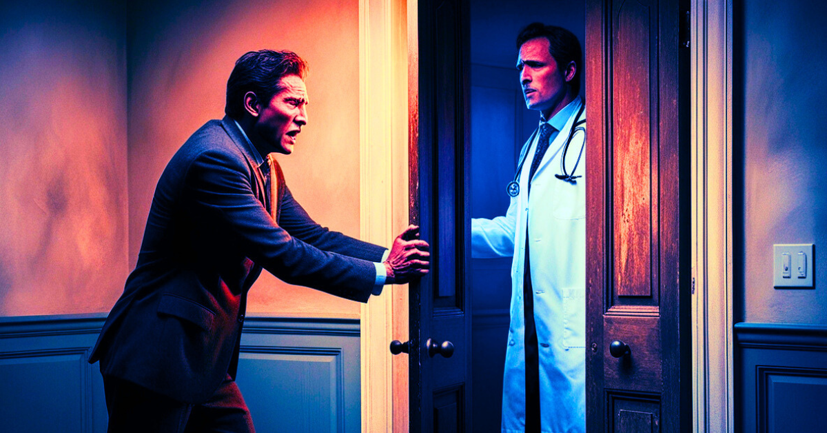 a man in a suit opening a door to a doctor