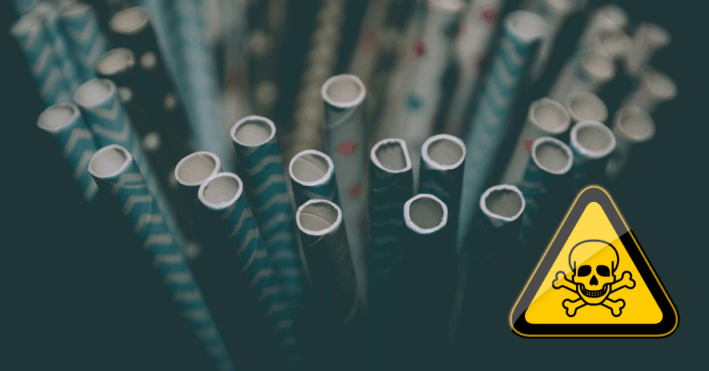 Soggy Toxic and Useless a collection of paper straws with a toxic hazard symbol